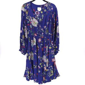 Maeve Anthropologie Maplewood Blue Floral Long Sleeve Button Dress Viscose LARGE
